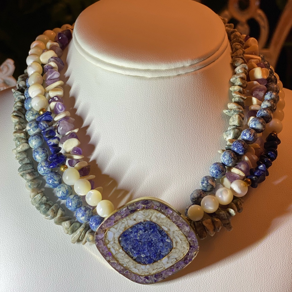 Natural Sapphire Amethyst Mop Mosaic Clasp Strand Necklace